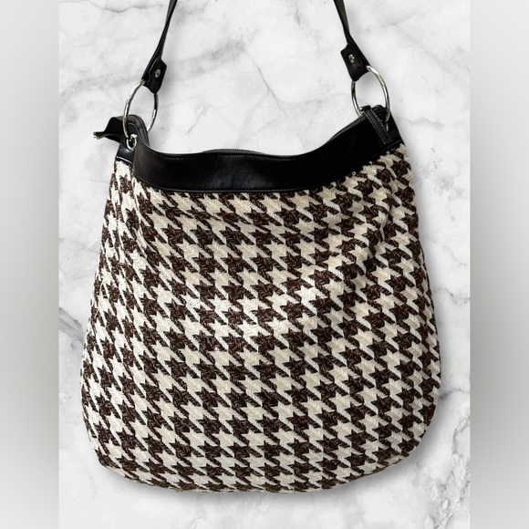 Vintage Houndstooth Fashion Express Brown Cream Satchel Bag Purse Heart Pocket - Picture 3 of 14